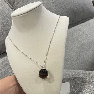 Elegant Silver Long Necklace with Brown Pendant